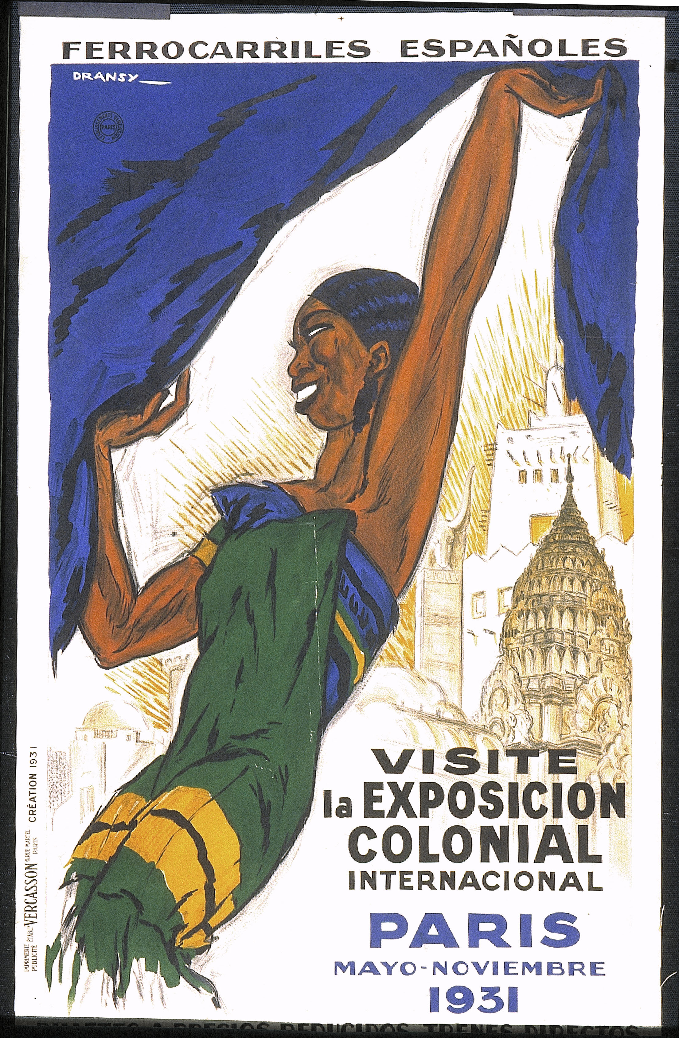 Exposition coloniale internationale. Paris 1931, plan officiel à vol d'oiseau. Affiche en couleurs illustrée. Plan de l'exposition. 1931 