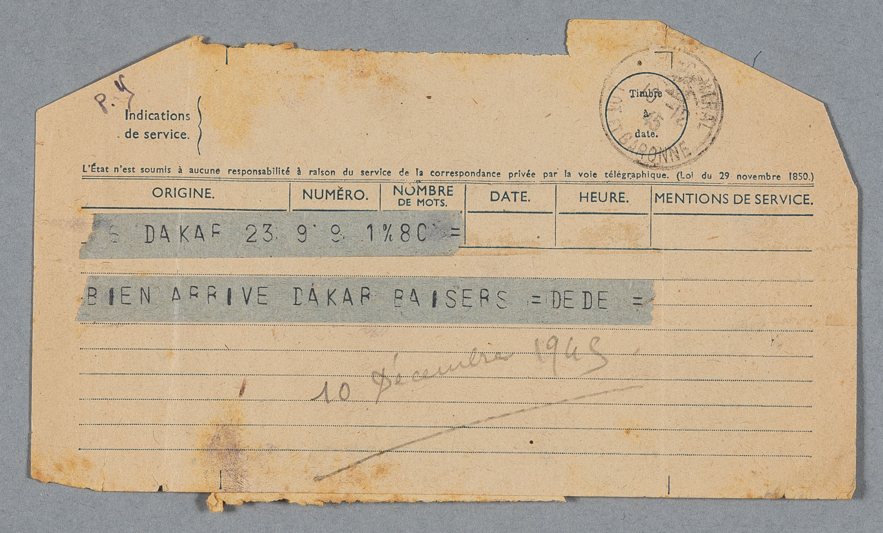 Télégramme de Jean-André à Brigitte, Dakar, 10/12/1945 - 263APOM Lettre3_002