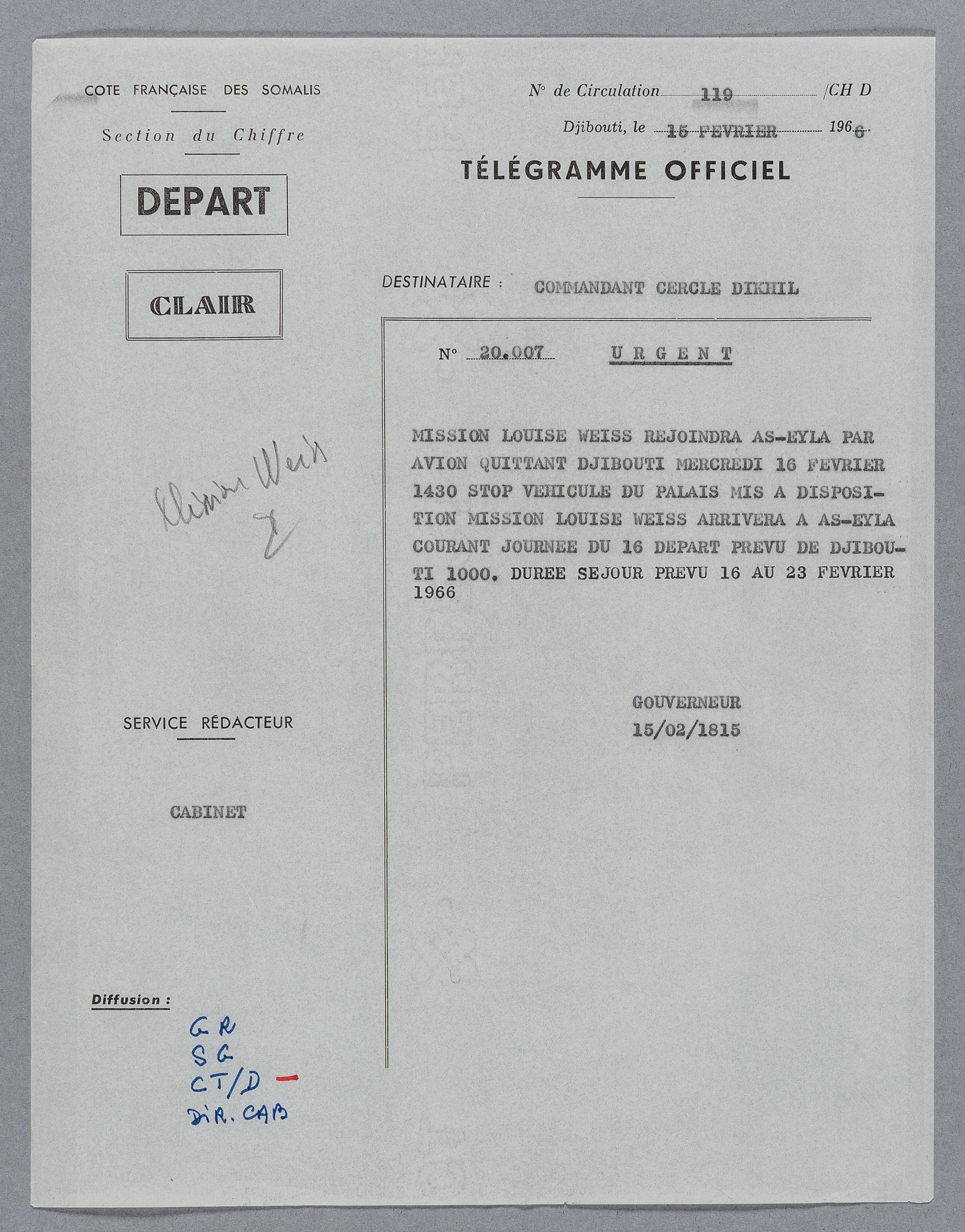 Courrier du Gouverneur de la Côte française des Somalis au Commandant du Cercle de Dikhil annonçant le trajet de la mission Louise Weiss, en date du 15/02/1966 - FR ANOM 1b3/2 Louise Weiss_04