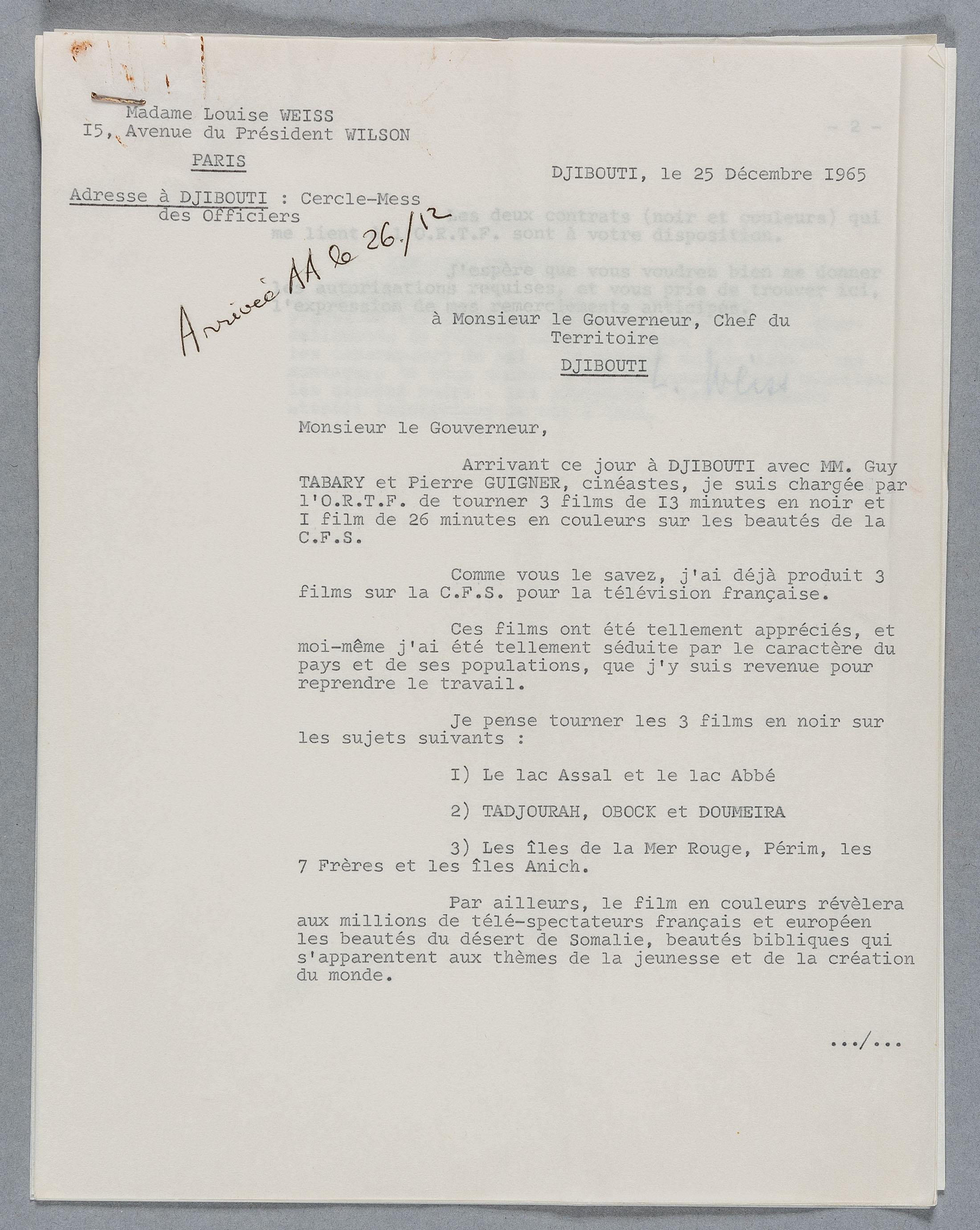 Courrier de Louise Weiss au Gouverneur de la Côte française des Somalis à son arrivée à Djibouti, en date du 25 décembre 1965 - FR ANOM 1b3/2 Louise Weiss_010 et 11