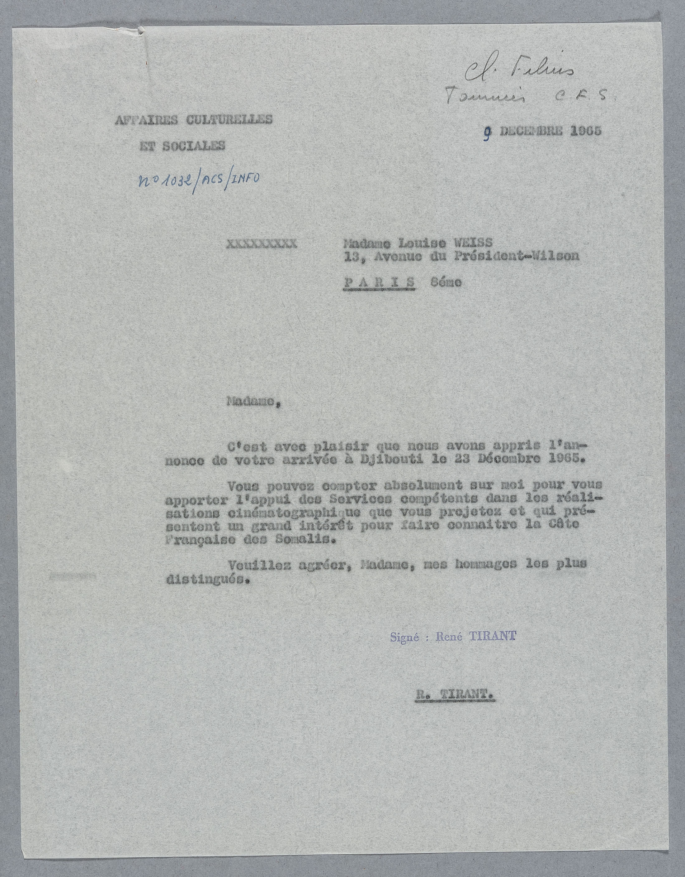 Courrier du Gouverneur de la Côte française des Somalis à Louise Weiss en vue de son séjour à Djibouti, en date du 9 décembre 1965 - FR ANOM 1b3/2 Louise Weiss_022