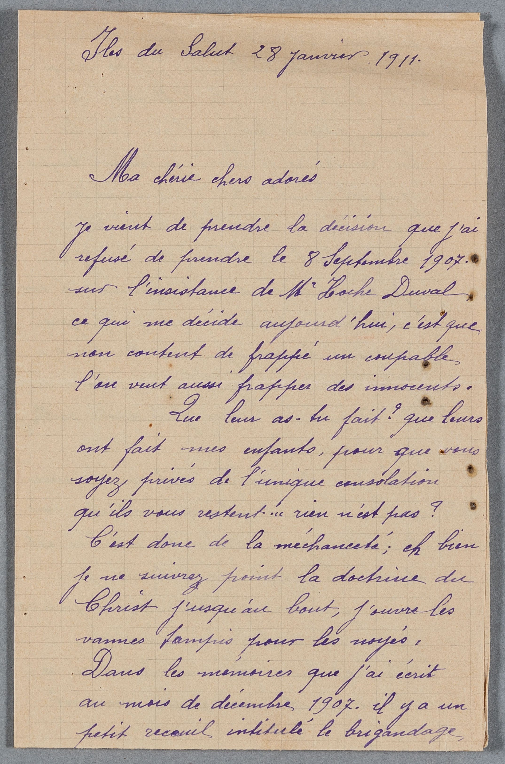 Courrier du bagnard X adressé à sa famille, Iles du Salut, 28 janvier 1911