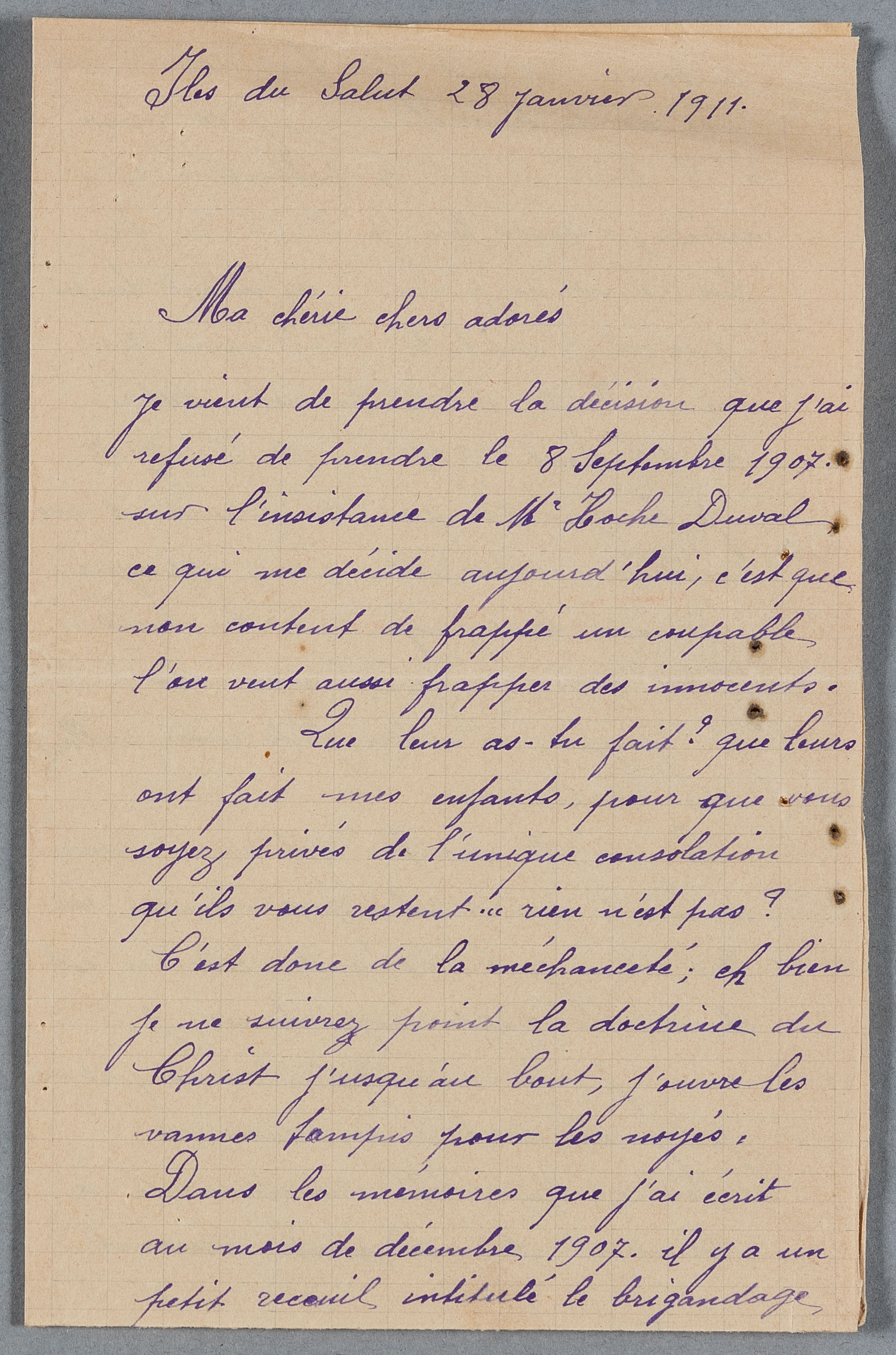 Courrier du bagnard X adressé à sa famille, Iles du Salut, 28 janvier 1911
