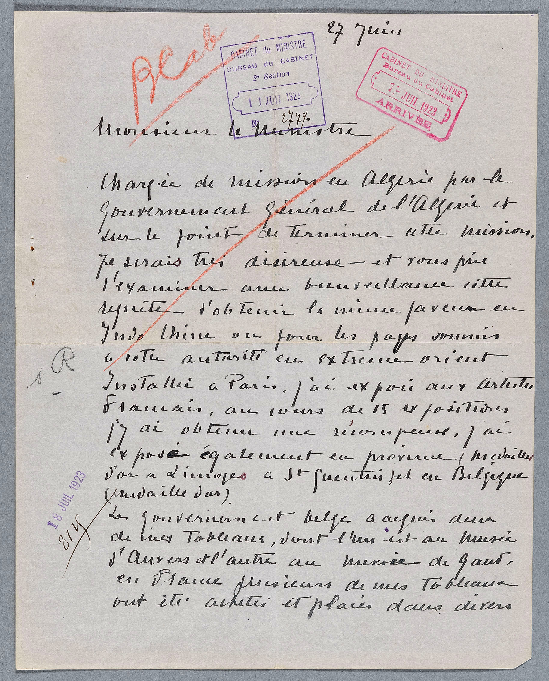 Lettre de Yolande Bellot du 27 juin 1923 au ministre des Colonies