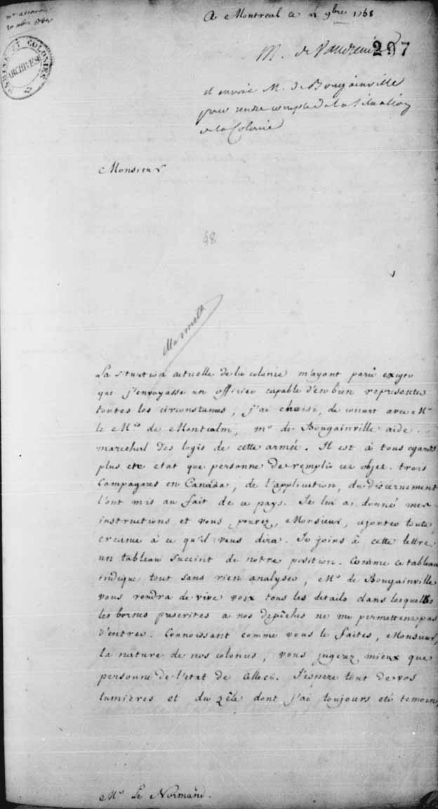lettre de Vaudreuil où il annonce le choix, de concert avec Montcalm, de Louis-Antoine de Bougainville pour aller faire rapport en France de la situation de la colonie. (4 novembre 1758, à Montréal)