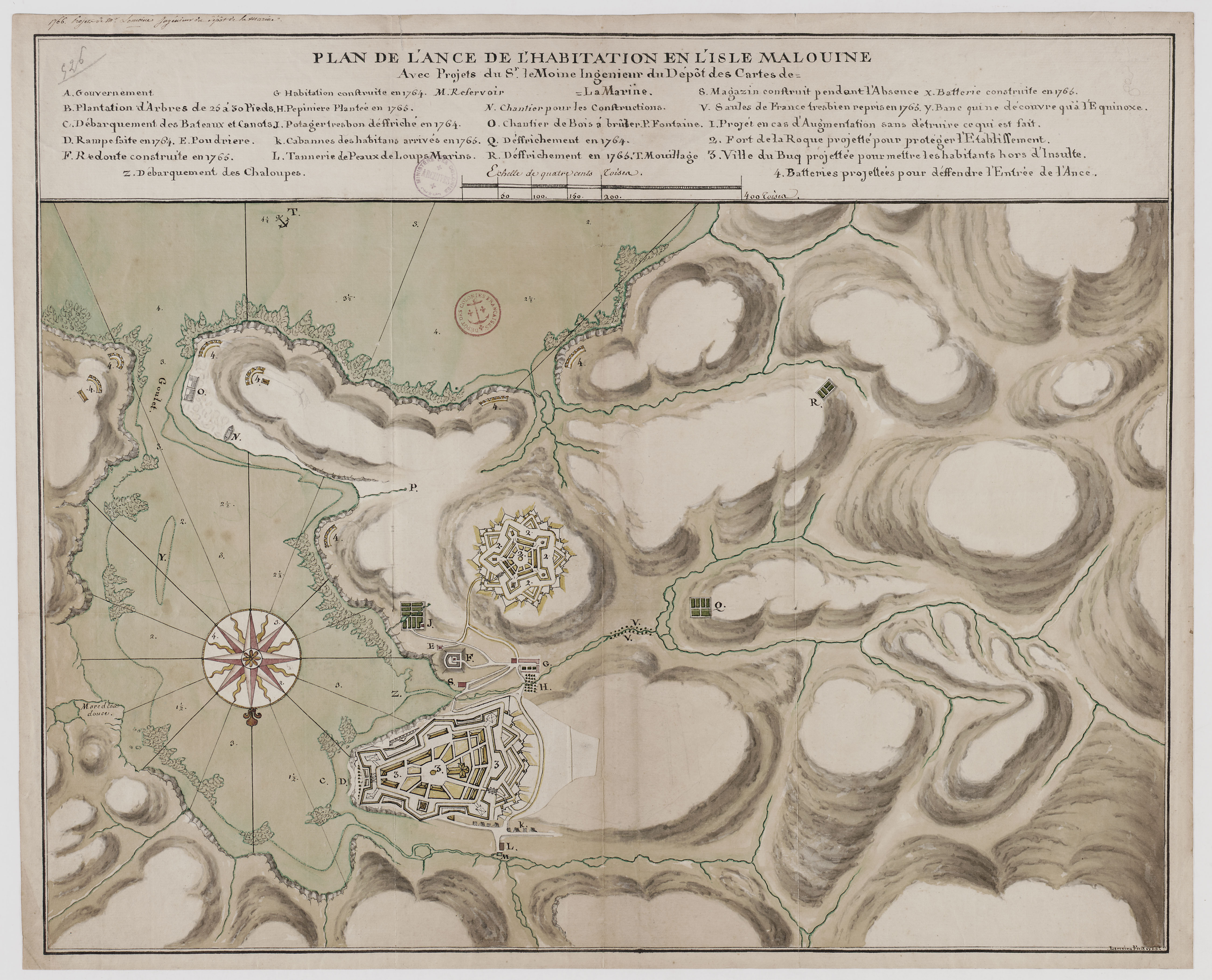 Plan de l'anse de l'habitation en l'île Malouines, par Lemoine, ingénieur (1766)