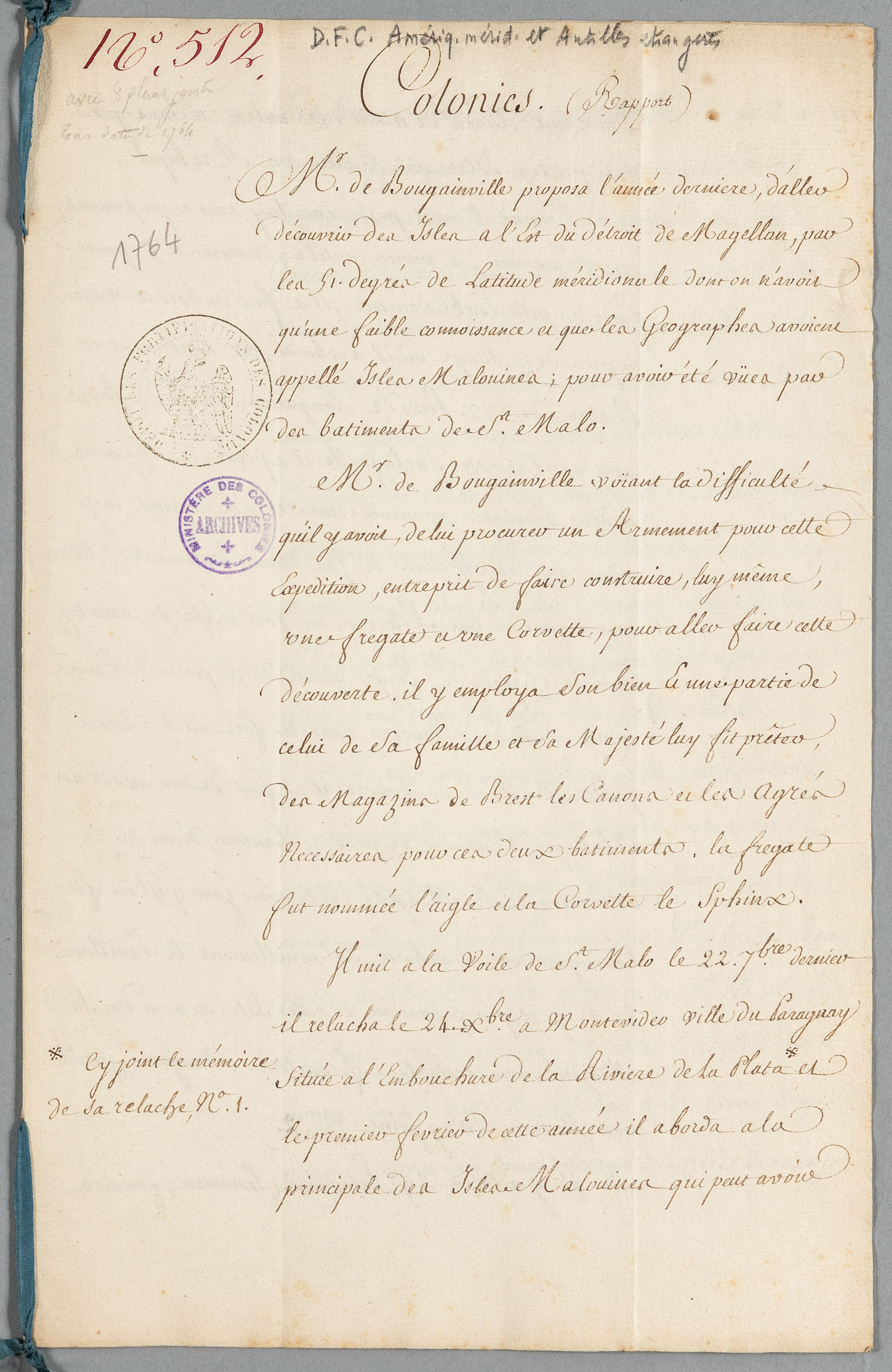Rapport sur la proposition de M. de Bougainville d'aller découvrir des îles à l'est du détroit de Magellan (1764)