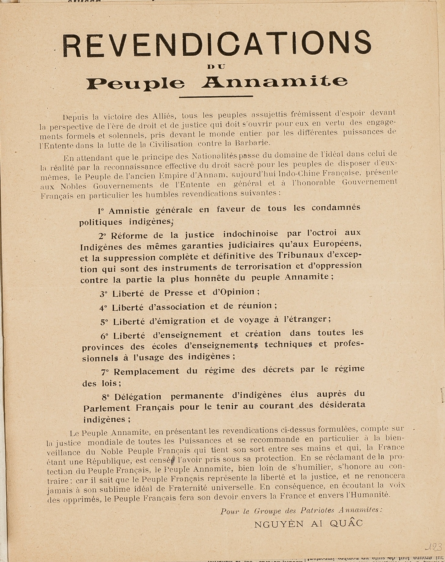 SLOTFOM XV 1 : Revendications du peuple annamite, 1919, dossier de surveillance de Nguyen Ai Quôc