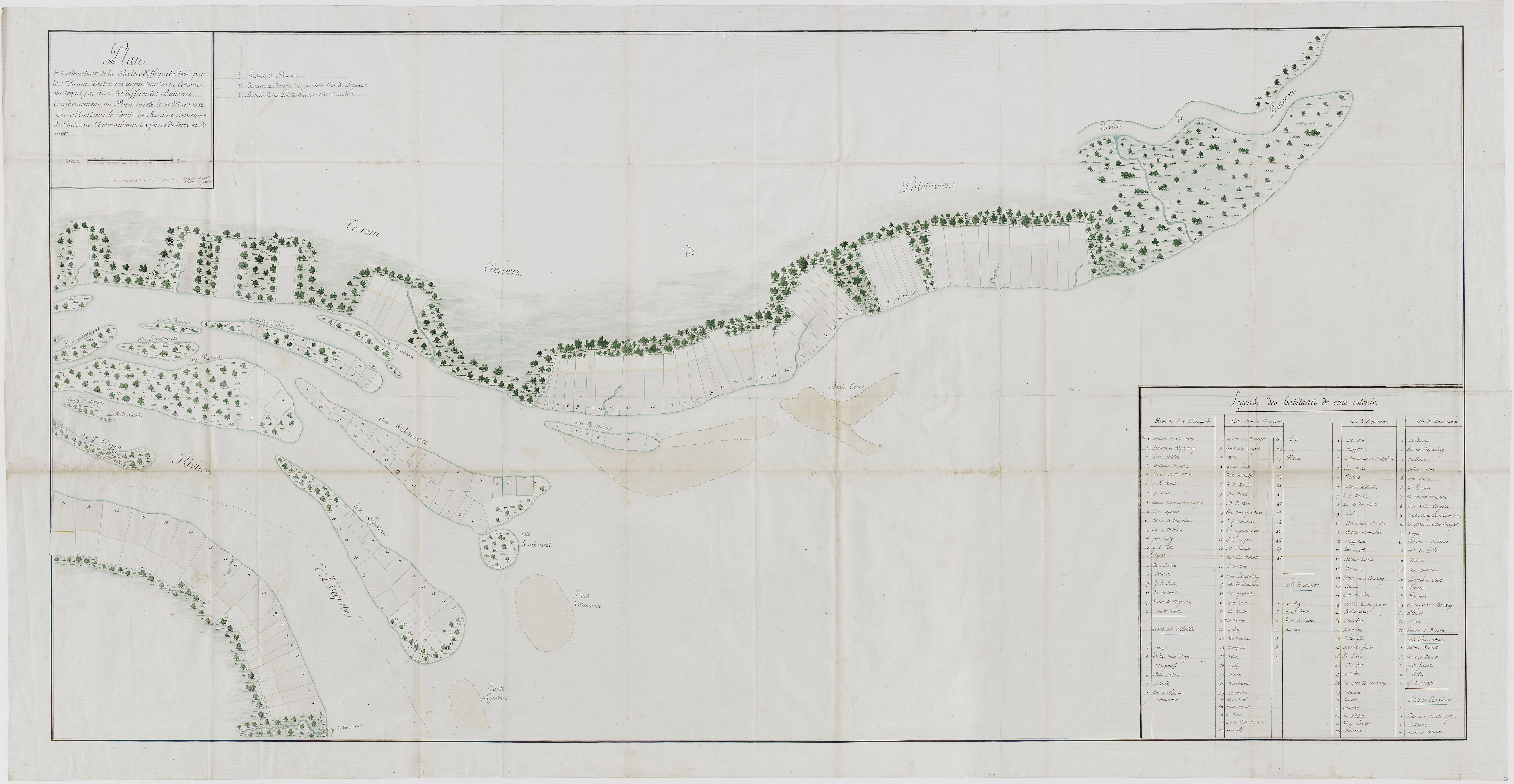 Plan de la rivière d'Essequebo où sont tracées les différentes batteries projetées conformément au plan de défense du comte de Kersaint (6 avril 1782)
