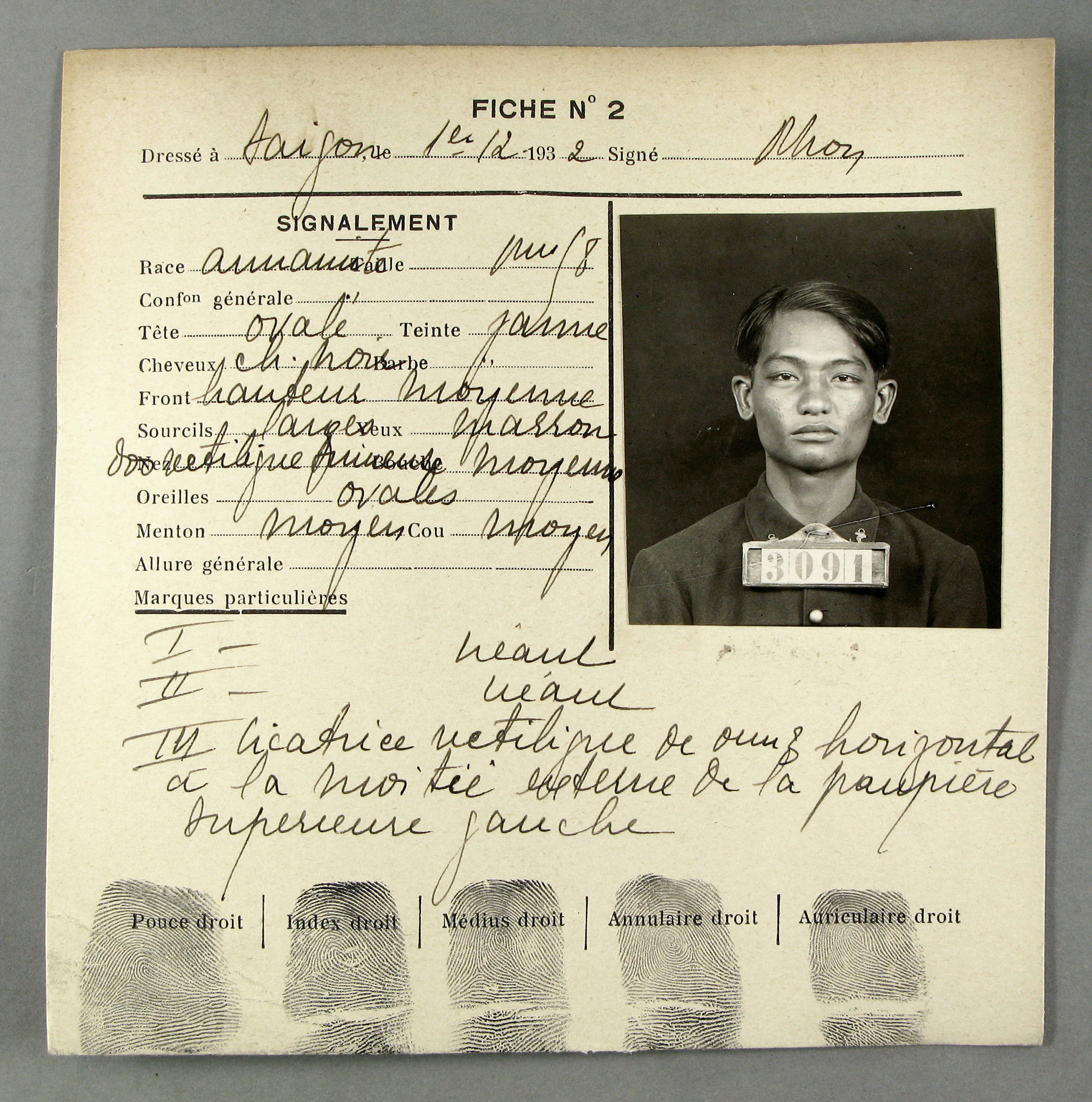 FR ANOM 15 SLOTFOM – Fichier alphabétique. « Fiche d’identité de marin indigène », v. 1932