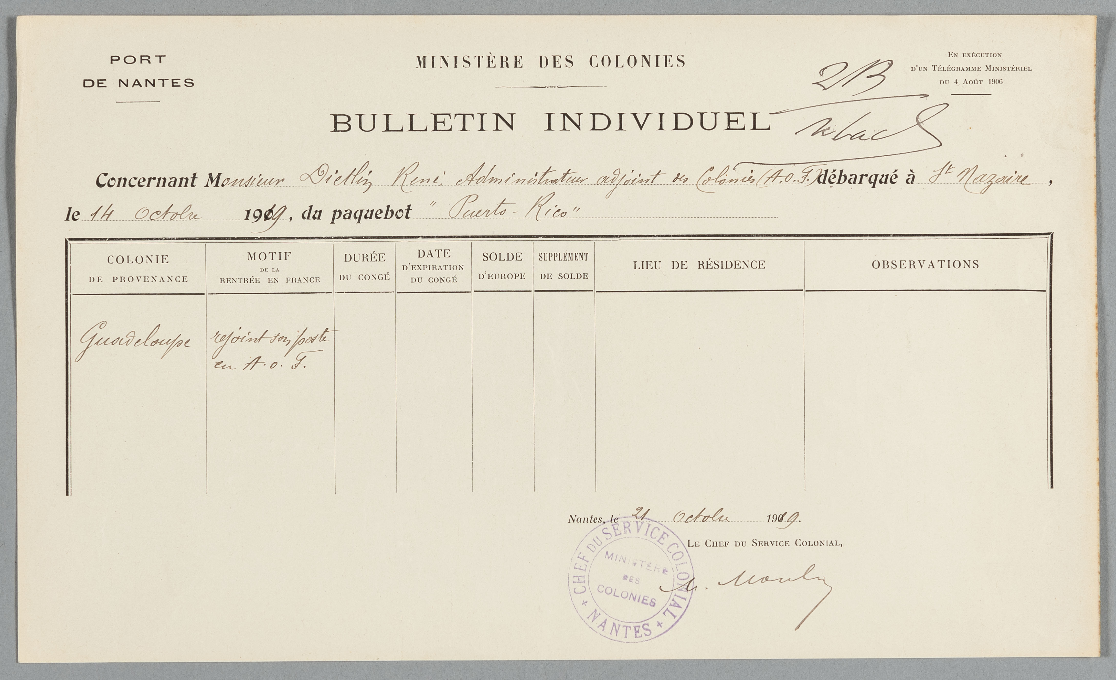 Exemples de notice et bulletins conservés dans le dossier personnel de DIETLIN René, administrateur adjoint des colonies