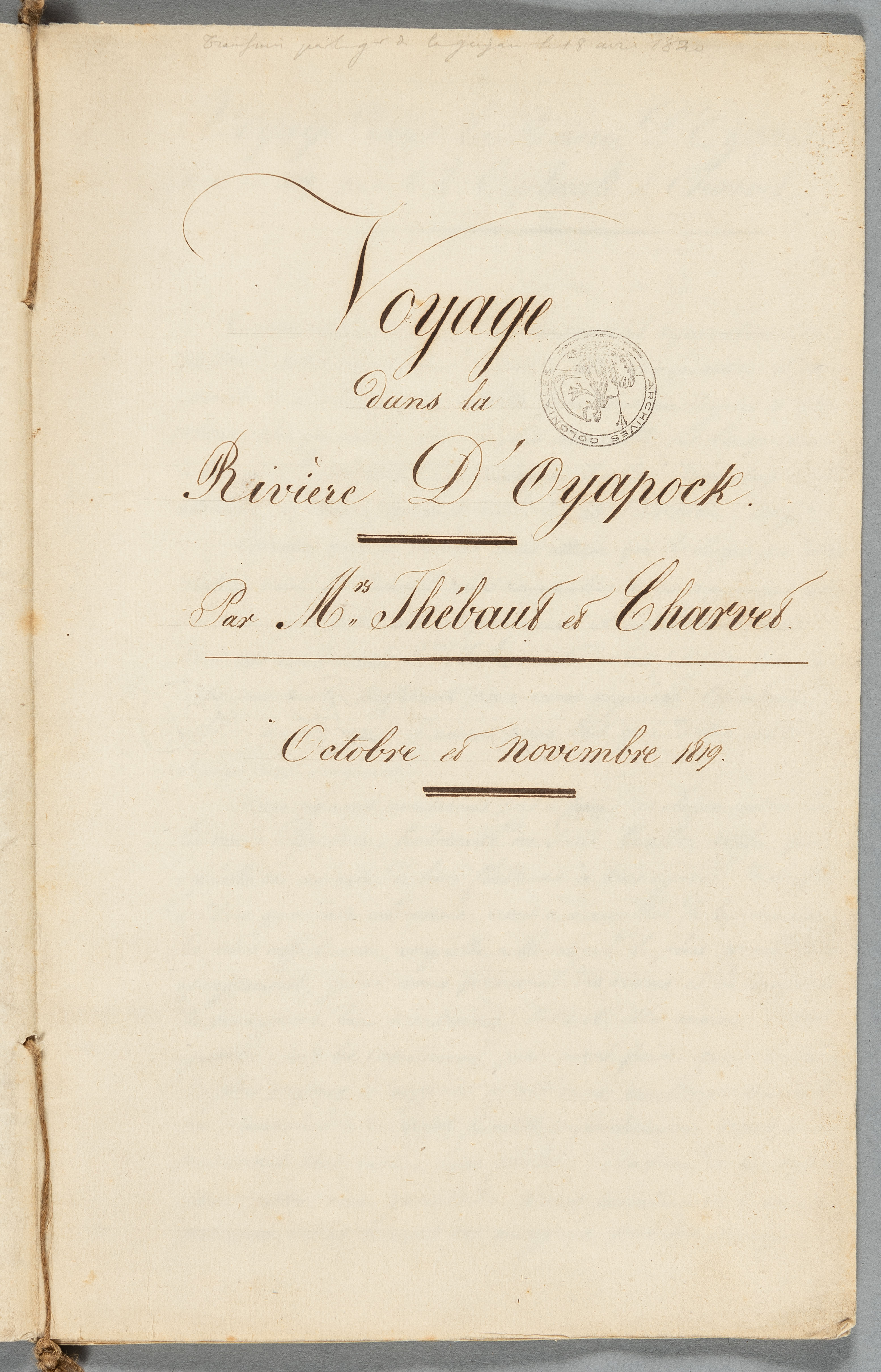 FR ANOM  GUY 43 dossier 3 : page de titre du récit de Thébault et Charvet