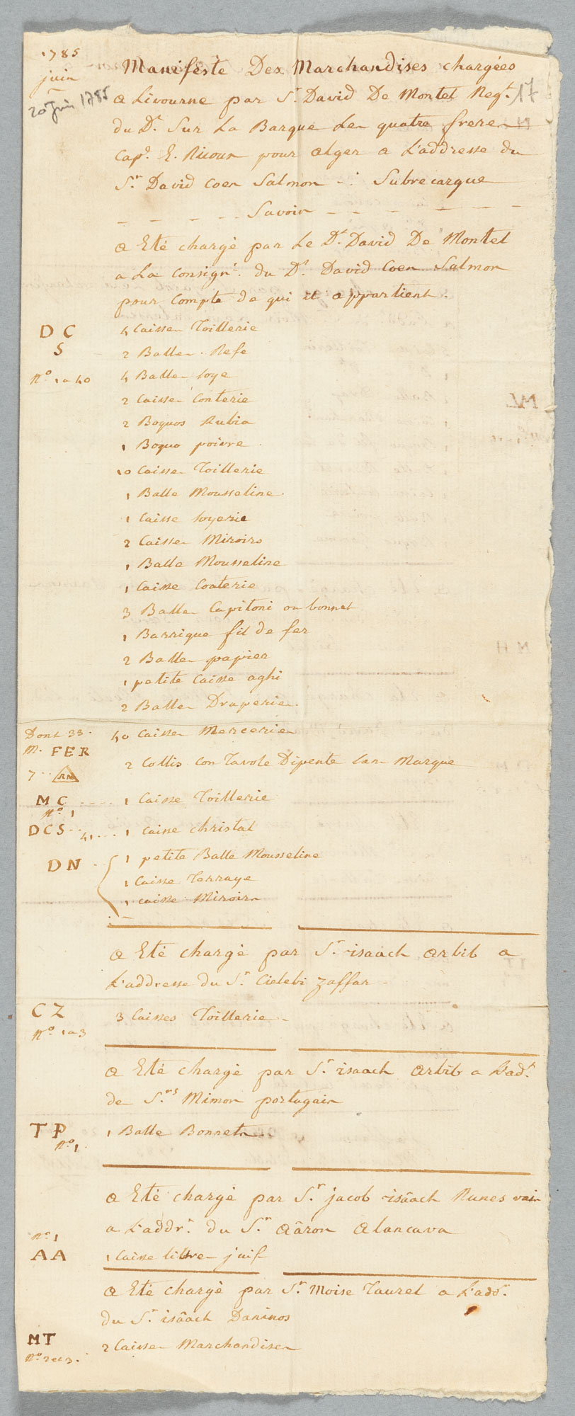 Copie du manifeste des marchandises chargées à Livourne, pour Alger, sur la barque les Quatre Frères commandée par le capitaine E. Ricoux, Alger, 20 juin 1785