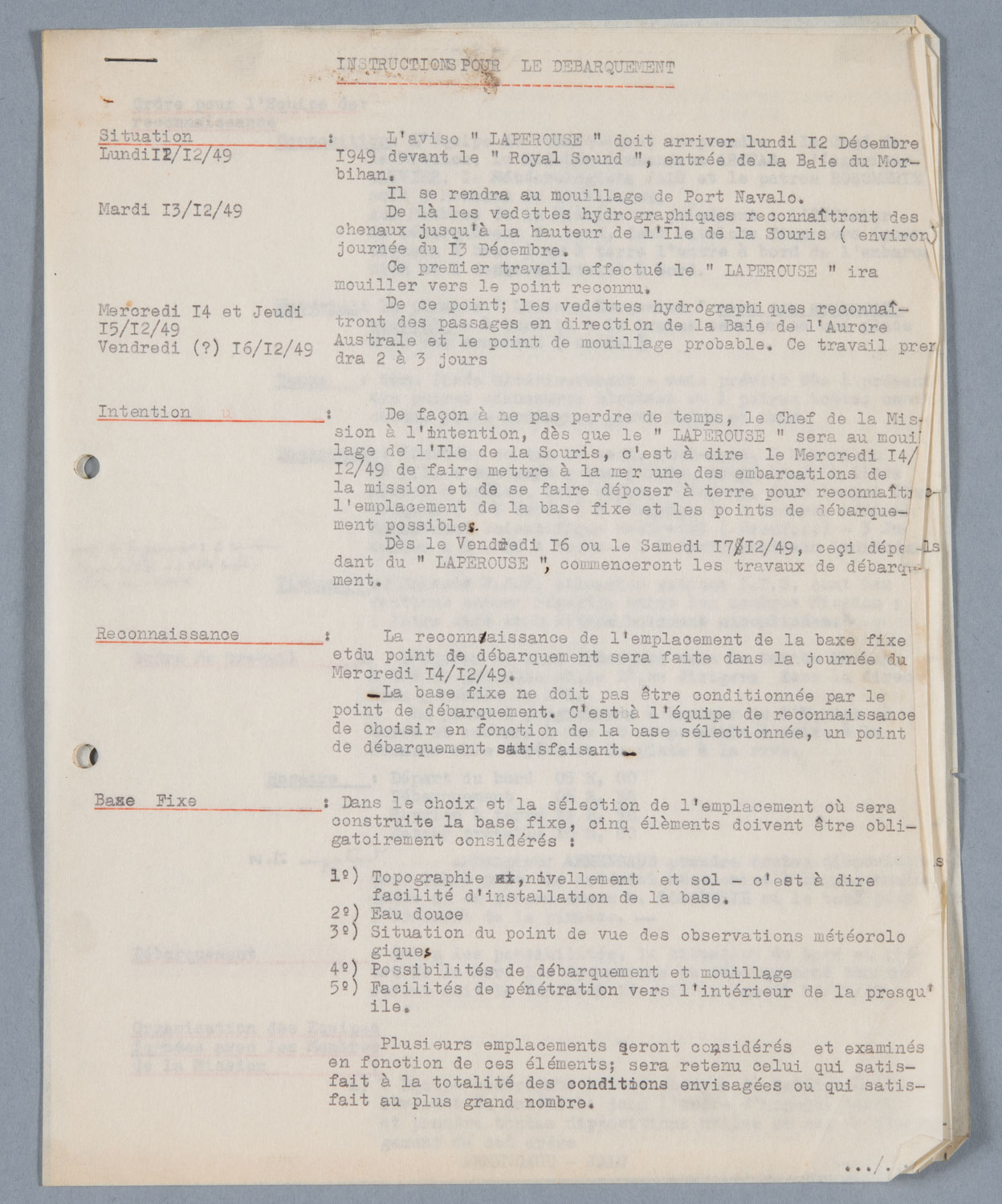Instructions pour le débarquement, 5 décembre 1949