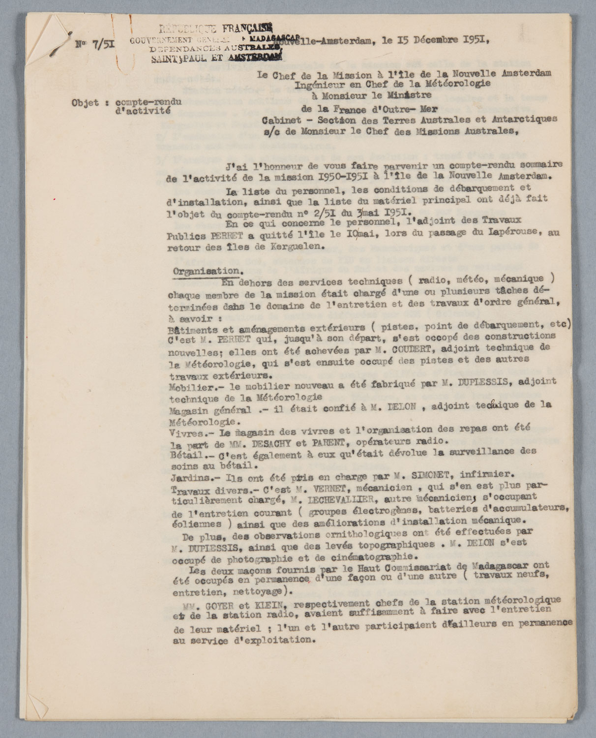 Compte-rendu d’activité par l’ingénieur en chef de la météorologie, 15 décembre 1951