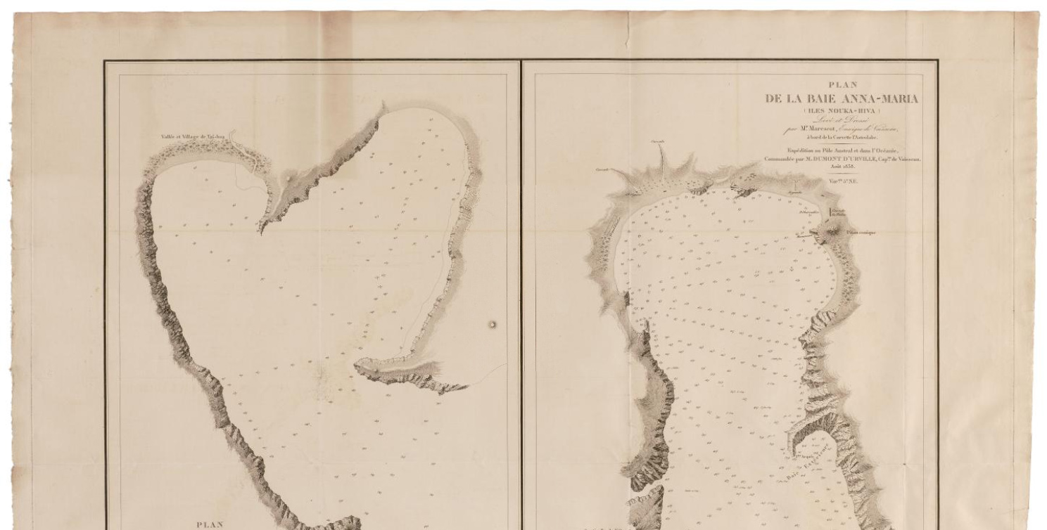 Plans du port Taï-Hoa et de la baie Anna-Maria (îles Nouka-Hiva), dressés lors de l'expédition au pôle Austral et dans l'Océanie commandée par M. Dumont d'Urville, capitaine de vaisseau en août 1838