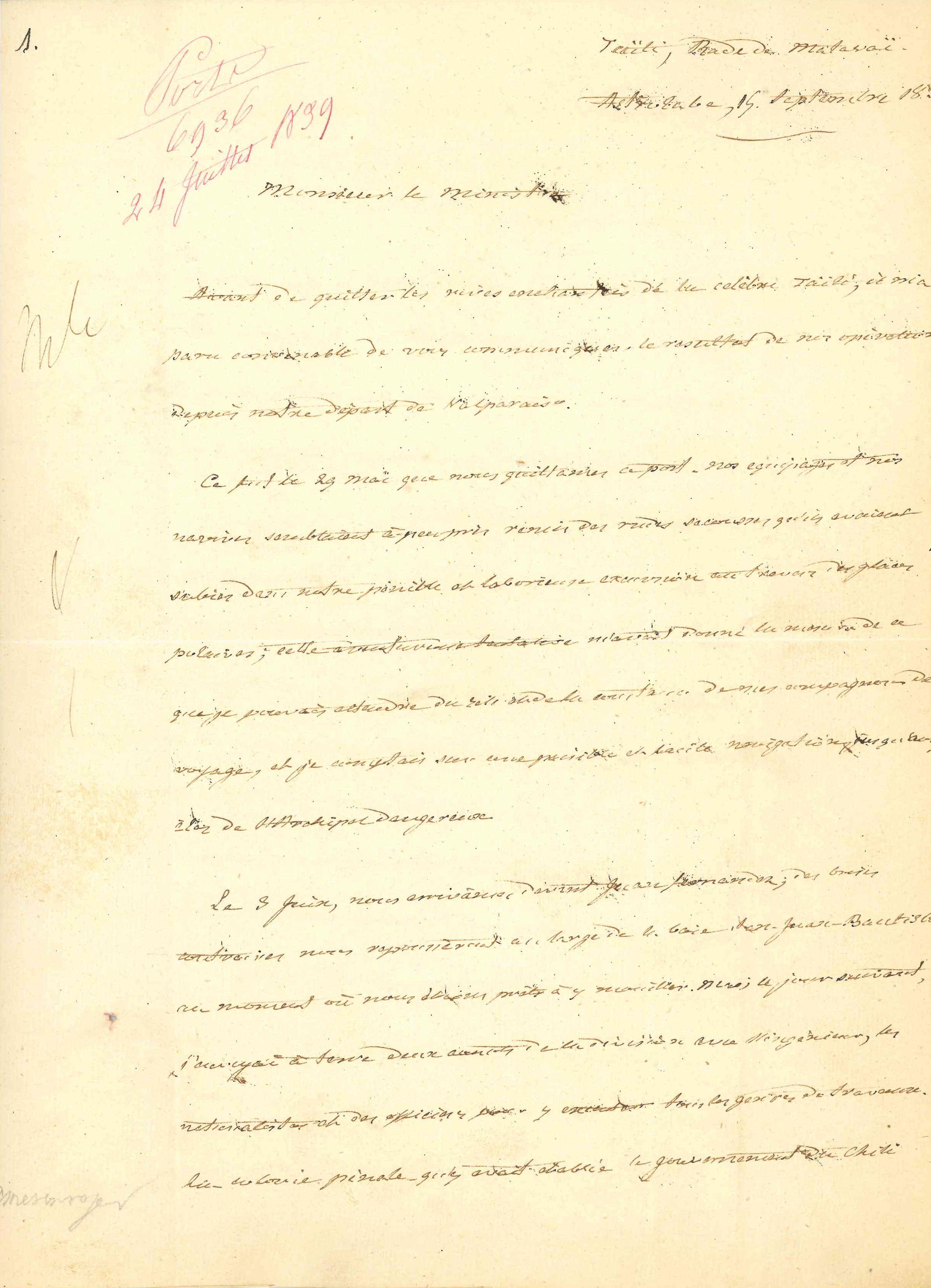 Rapport de Dumont d'Urville, commandant l'Astrolabe, au Ministre (15 septembre 1838, à Tahiti)