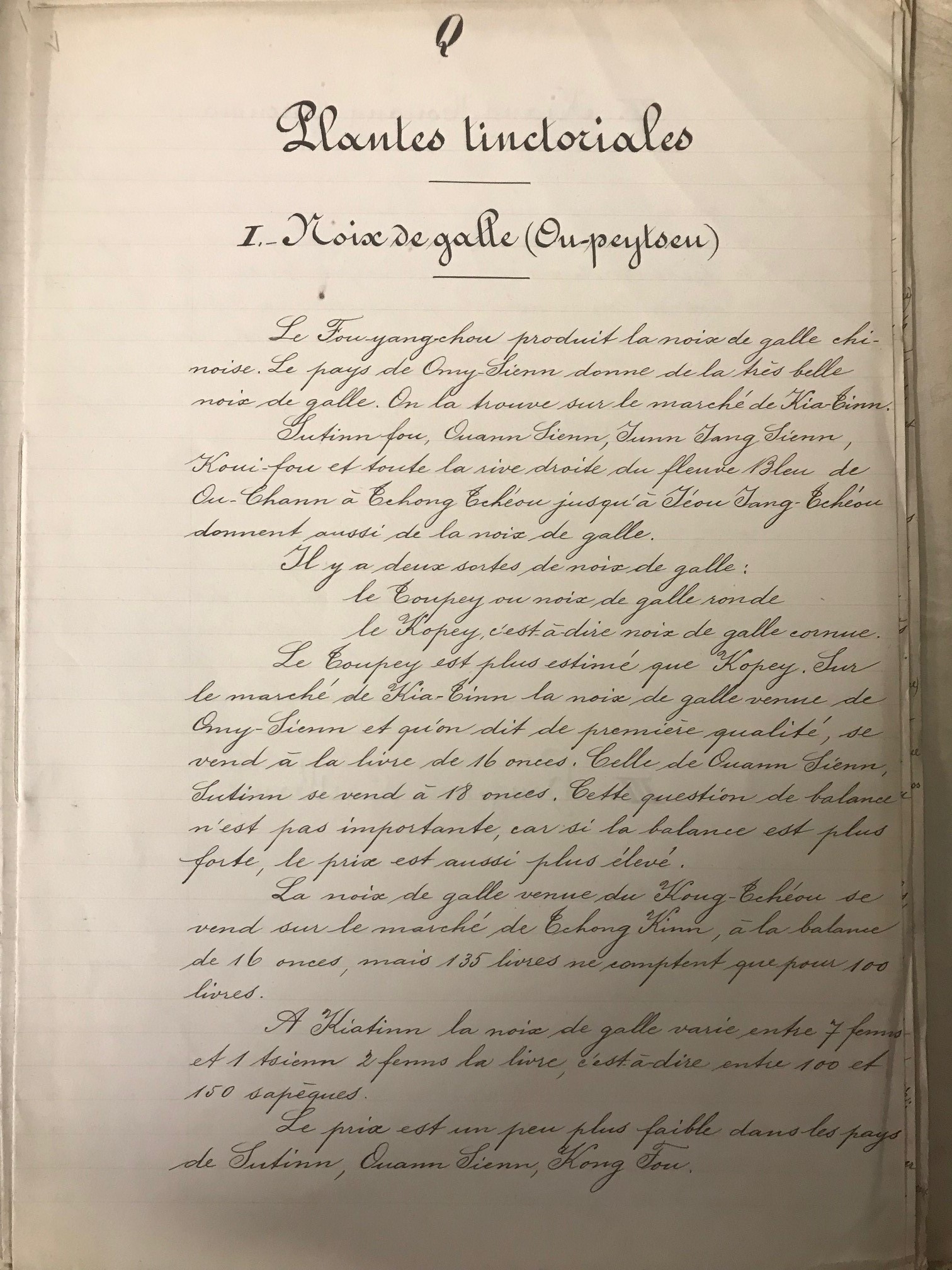 Extrait du rapport consacré aux plantes tinctoriales, éléments sur la noix de Galle et l’indigo, 189961902, FR ANOM 56APC.