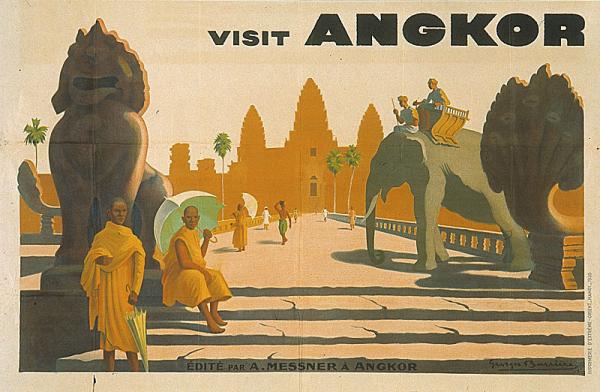 Visit Angkor, Affiche de tourisme en couleurs illustrée, aut. G. Barrière, éd. Messner, Angkor, imprimerie de l’Extrême-Orient, Hanoï-Haïphong, 1935 