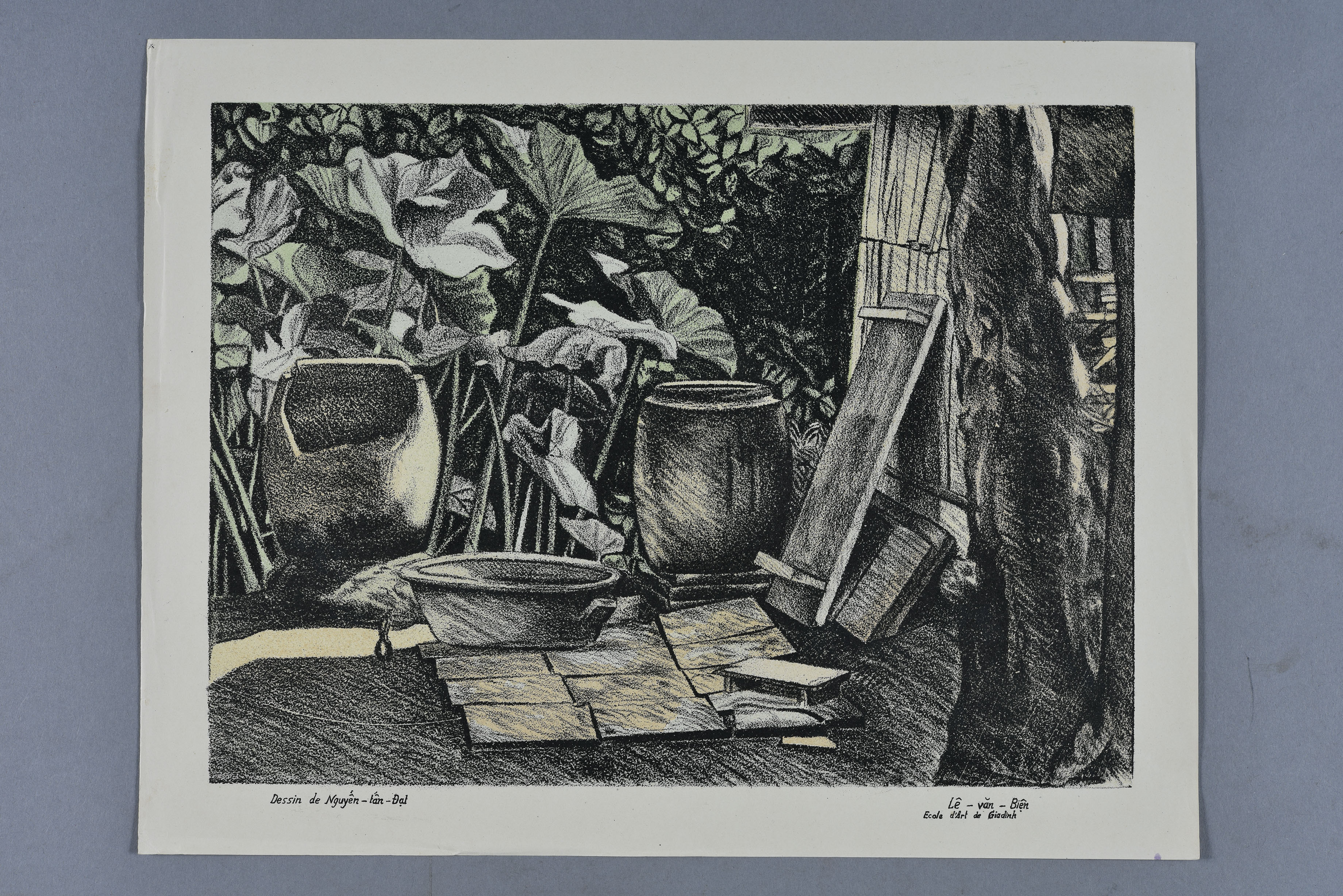 Jarres dans la cour, auteur Lê Van Biên, lithographie couleur, 1935