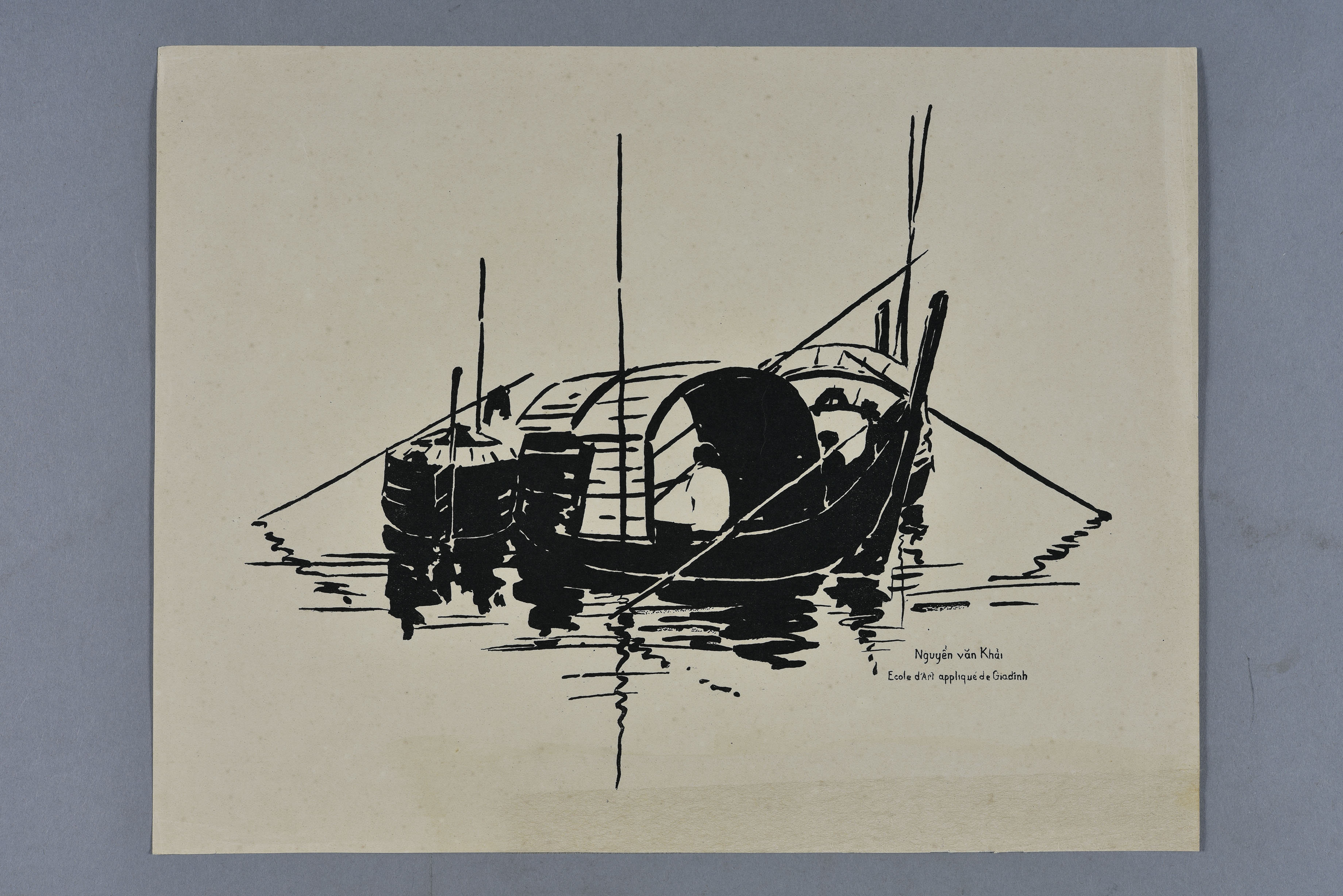 Sampan, auteur Nguyen Van Khai, lithographie noir et blanc, 1935