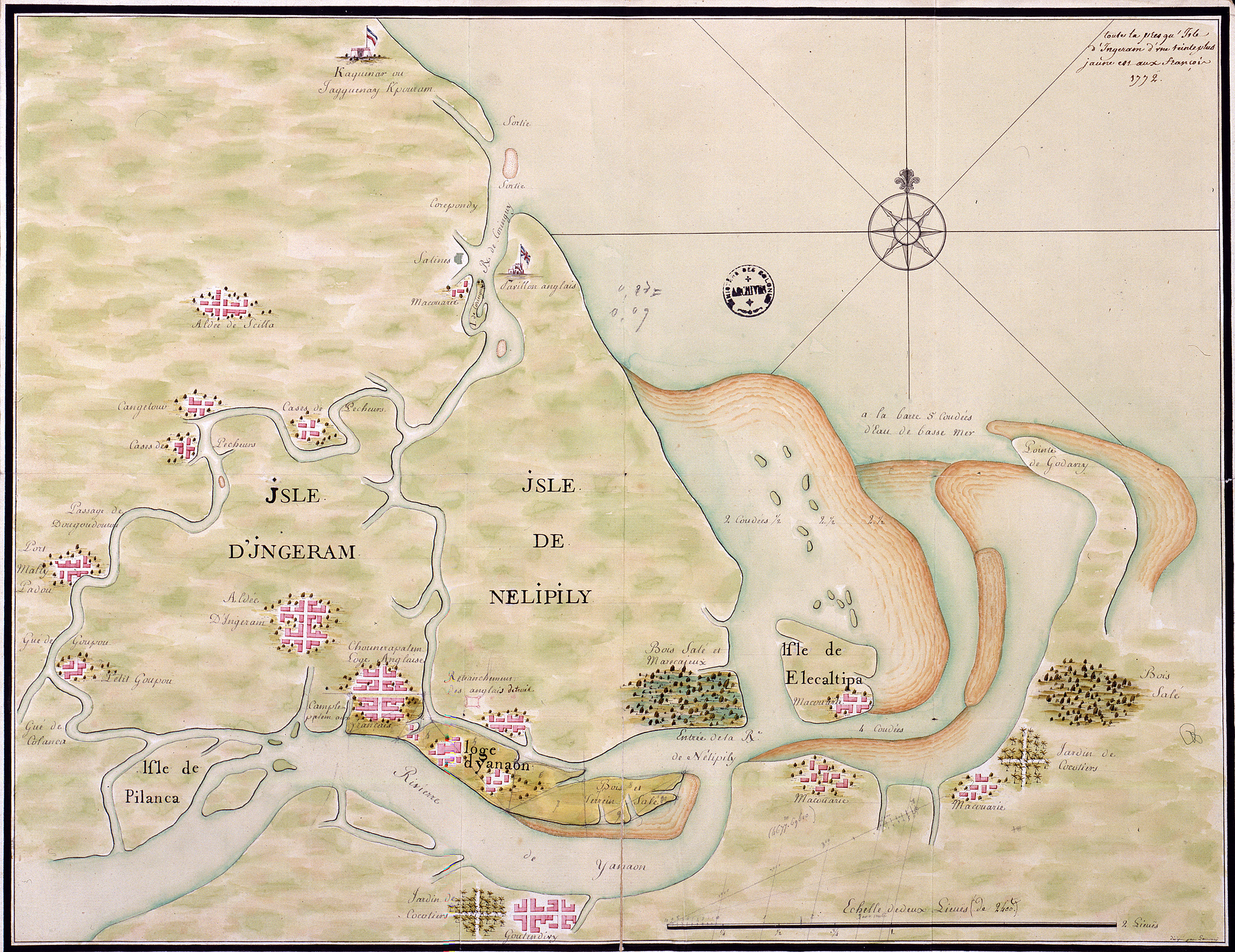 Yanaon et ses environs. Plan de la presqu’île d'Ingeram, 1772 