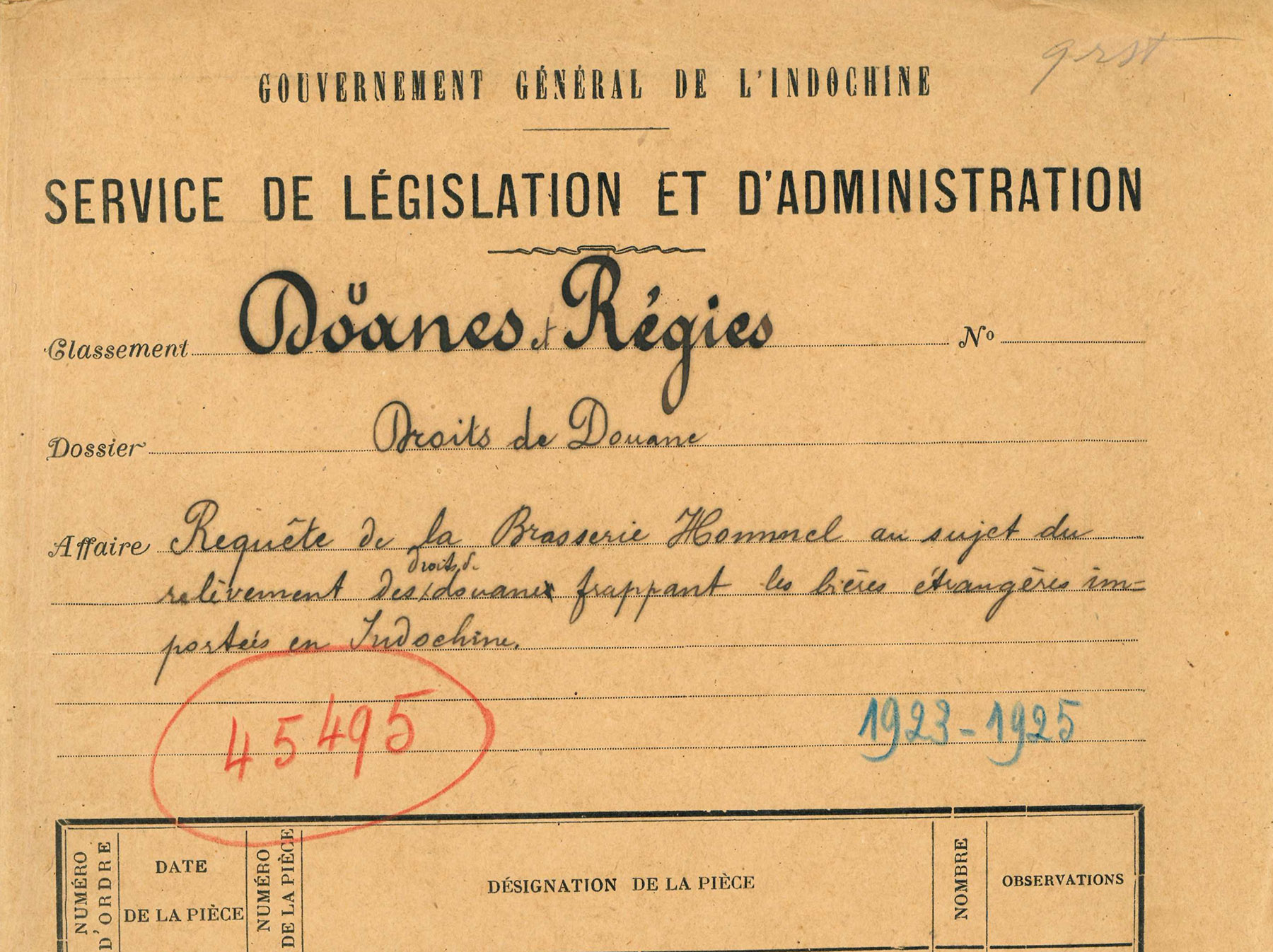 Lettre de Maurice Hommel au Gouverneur général de l’Indochine au sujet du relèvement des droits de douane frappant les bières étrangères (27 juillet 1925) - GGI 45495