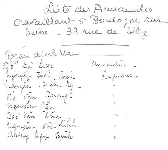 Association des laqueurs indochinois à Paris. Syndicat des laqueurs (1925-1930). Ouvriers laqueurs chez Simoni : liste des Annamites travaillant à Boulogne-sur-Seine (1925) ; Maison jean Dunand à Paris : liste nominative (1930)