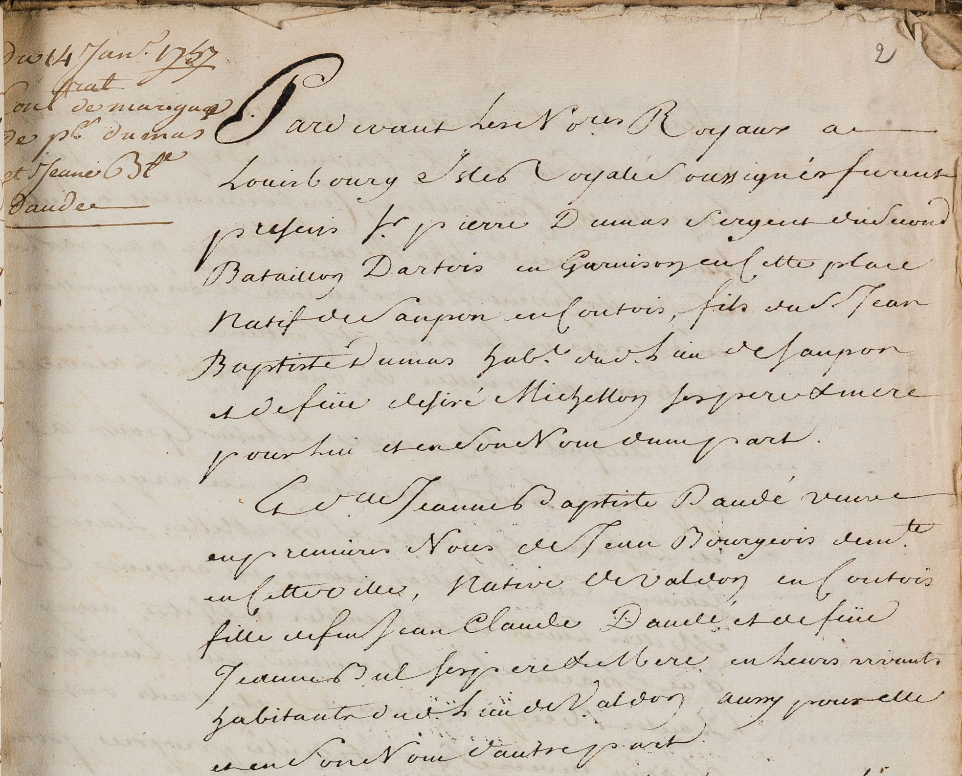 Contrat de mariage entre le Sieur Dumas et Jeanne-Baptiste Daudé, du 14 janvier 1757 en l’étude de Maître Bacquerisse Guillaume, à Louisbourg, Île Royale, Canada et Acadie