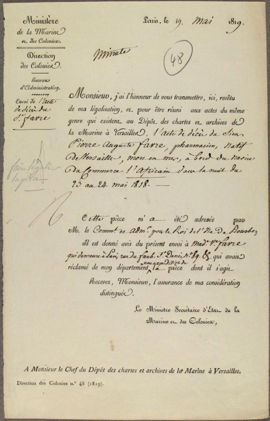 Acte de décès en mer du pharmacien Pierre Auguste Fabre en 1818