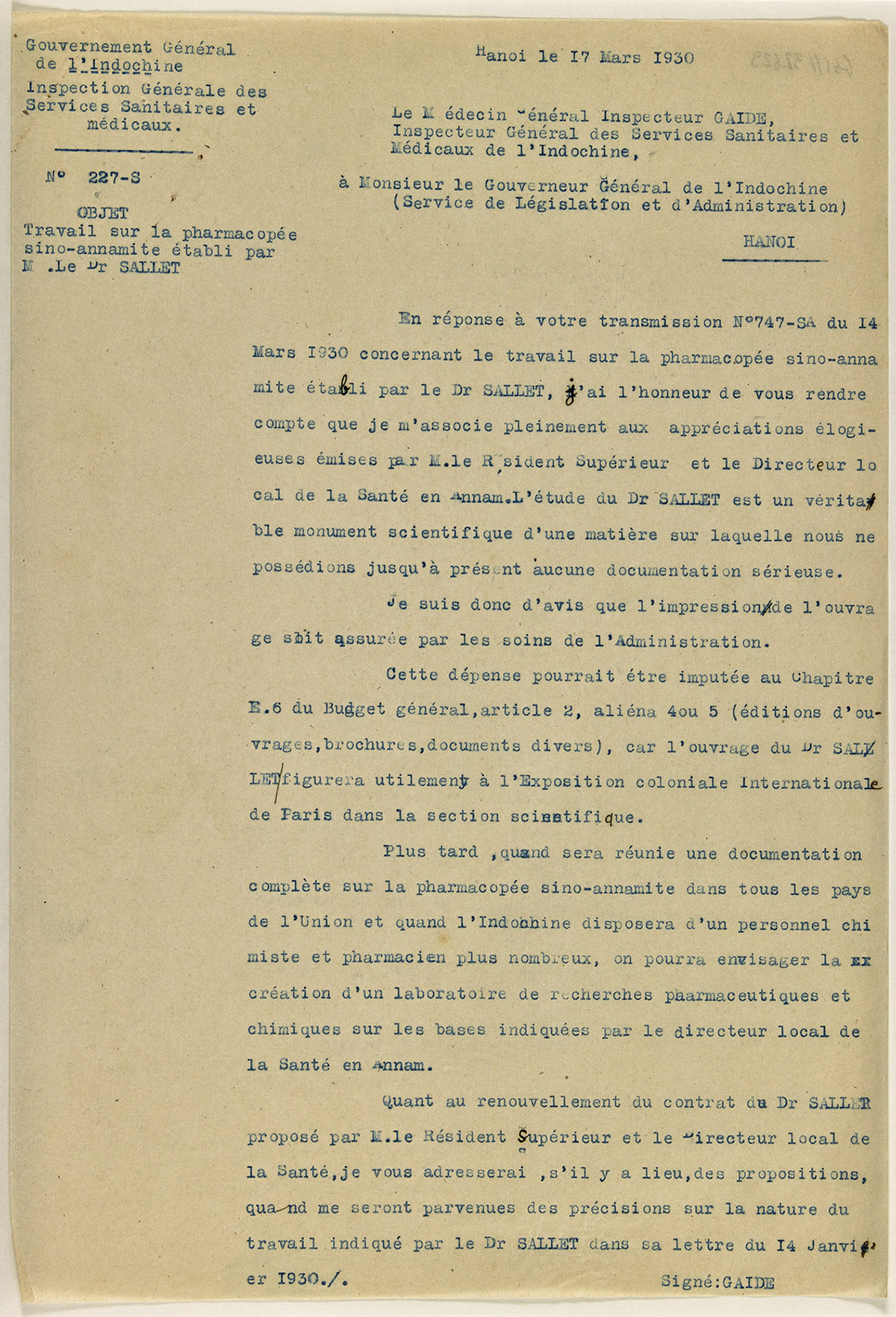Lettre relative à l'étude du docteur Sallet concernant la pharmacopée sino-annamite, 1930