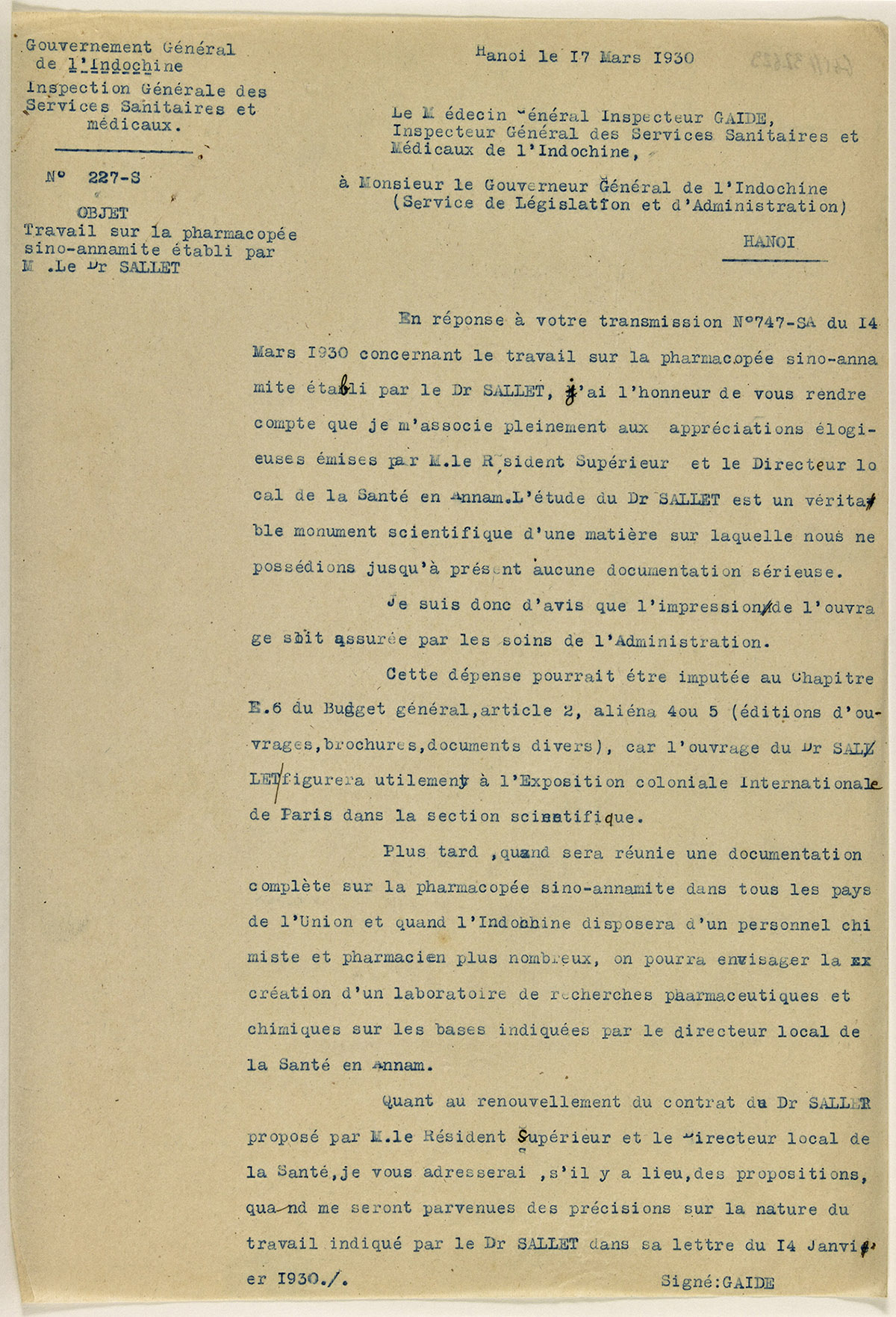 Lettre relative à l'étude du docteur Sallet concernant la pharmacopée sino-annamite, 1930