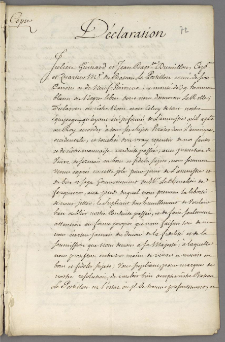 Déclaration faite par Julien Guinard et Jean-Baptiste Dumillon, capitaine et quartier-maître du navire forban le Postillon, qui demandent à bénéficier de l'amnistie (10 mai 1719)