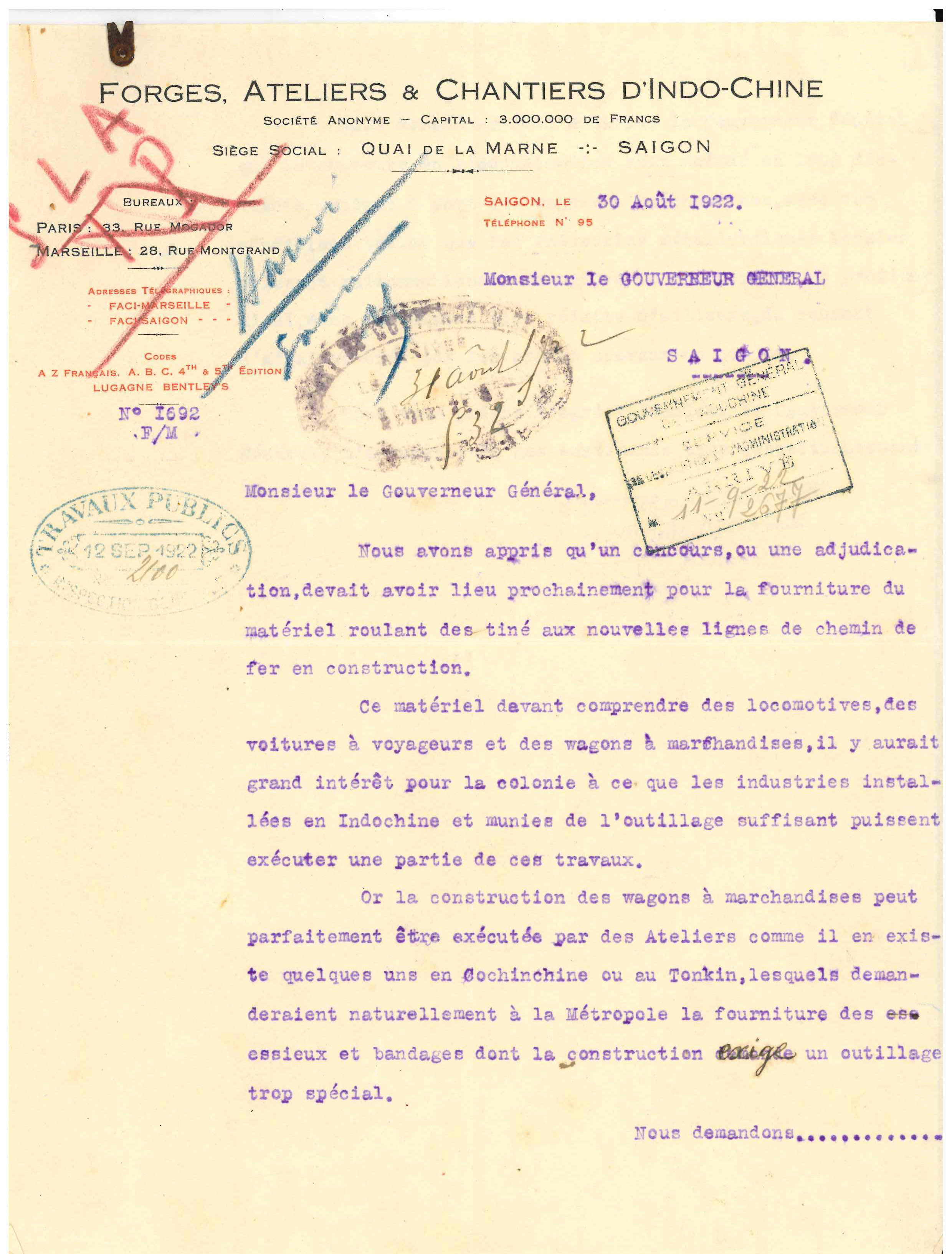 Lettre du directeur de la société « Forges, ateliers et chantiers d'Indochine » au Gouverneur général de l'Indochine concernant une commande de voitures de 4e classe, Saïgon, 30 août 1922 (GGI 47144).