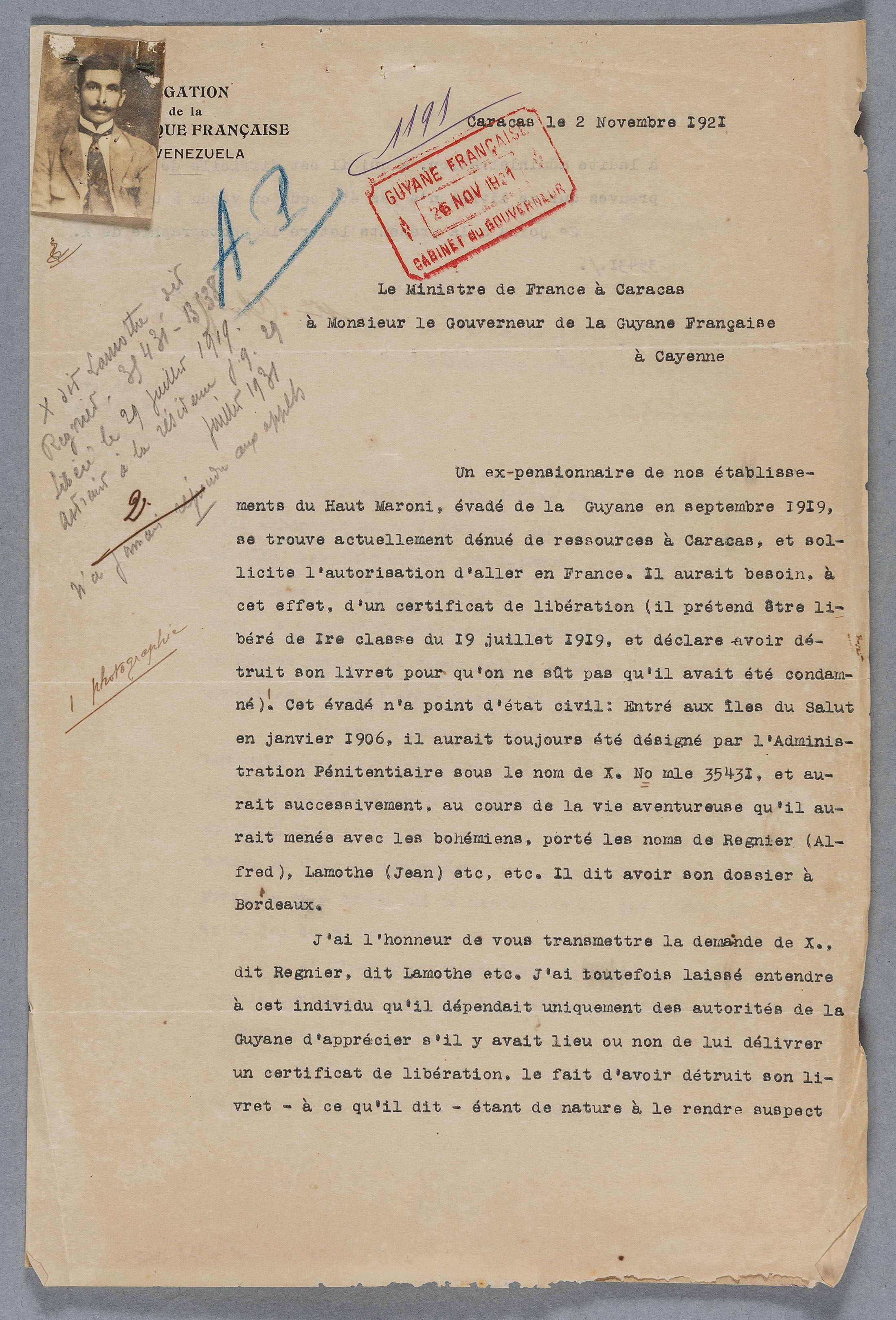 Courrier de la Délégation de la République française au Venezuela adressé au Gouverneur de la Guyane en date du 2 novembre 1921