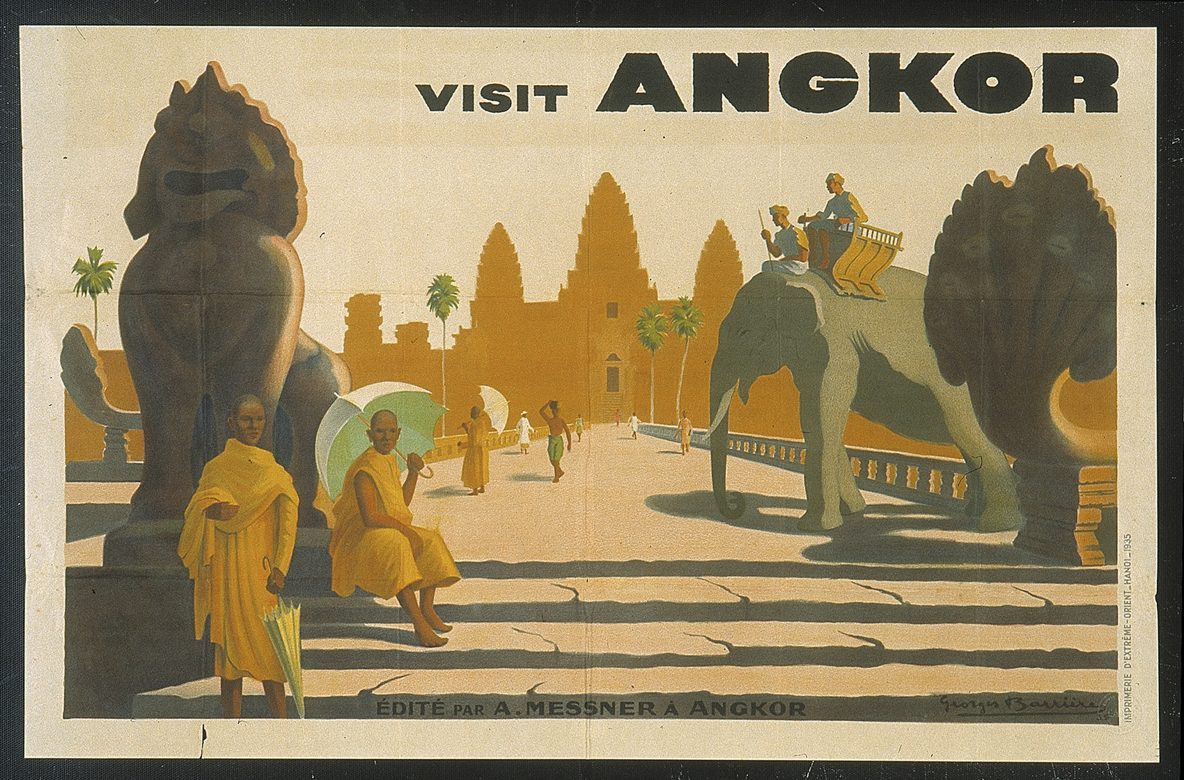 Barrière, Georges. « Visit Angkor » Affiche de tourisme en couleurs illustrée. Un temple d'Angkor avec des bonzes, un éléphant avec son cornac.