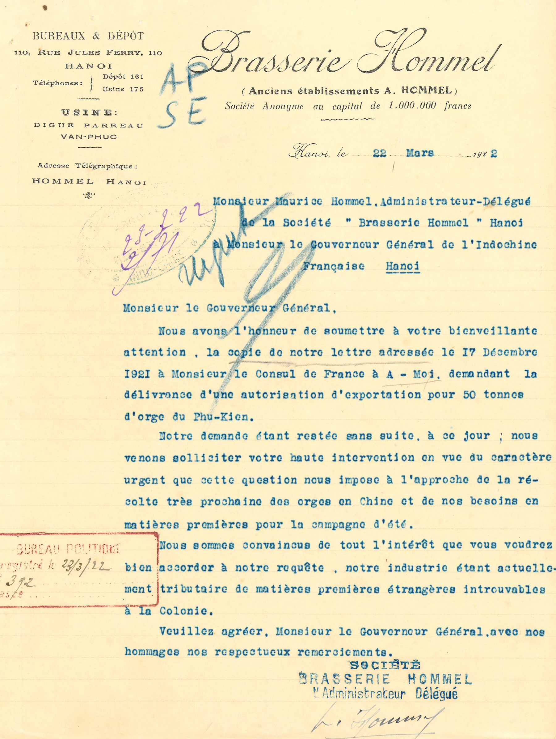 Lettre de Maurice Hommel au Gouverneur général de l’Indochine au sujet de l’importation de 50 tonnes d’orge provenant du Phu Kien (Chine) pour les besoins de la brasserie (22 mars 1922)