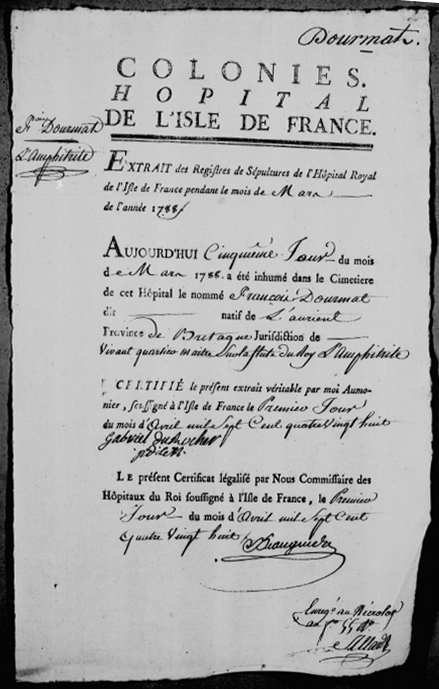 Extrait du dossier de personnel de François Dourmat, natif de Lorient, quartier-maître sur la flûte du Roi l’Amphitrite, mort à l’île de France (1788)