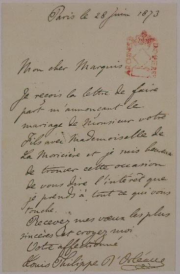 Lettre du 28 juin 1873, au sujet du mariage d'Aymar de Dampierre