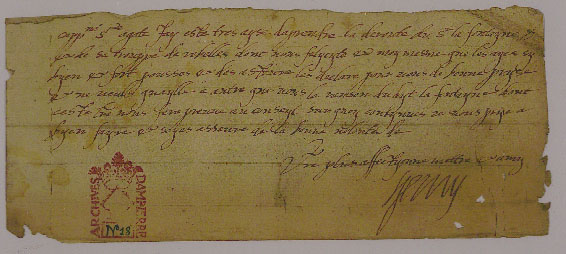 Lettre de Henri IV au sujet du sieur La Fontaine