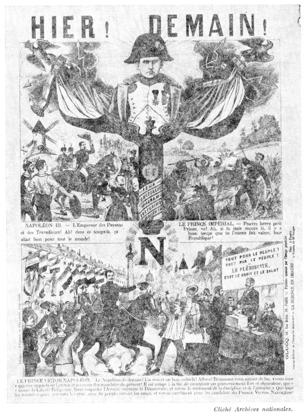 Hier ! Demain ! Image d'épinal appelant à voter pour les candidats bonapartistes, soutenus par le prince Victor Napoléon.