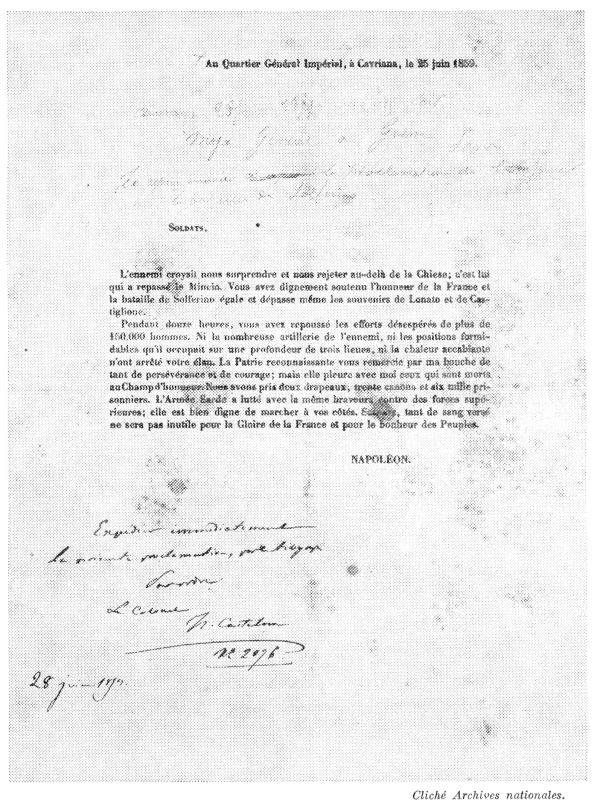 Proclamation de l'empereur Napoléon II au lendemain de Solférino. Cavriana, 25 juin 1859